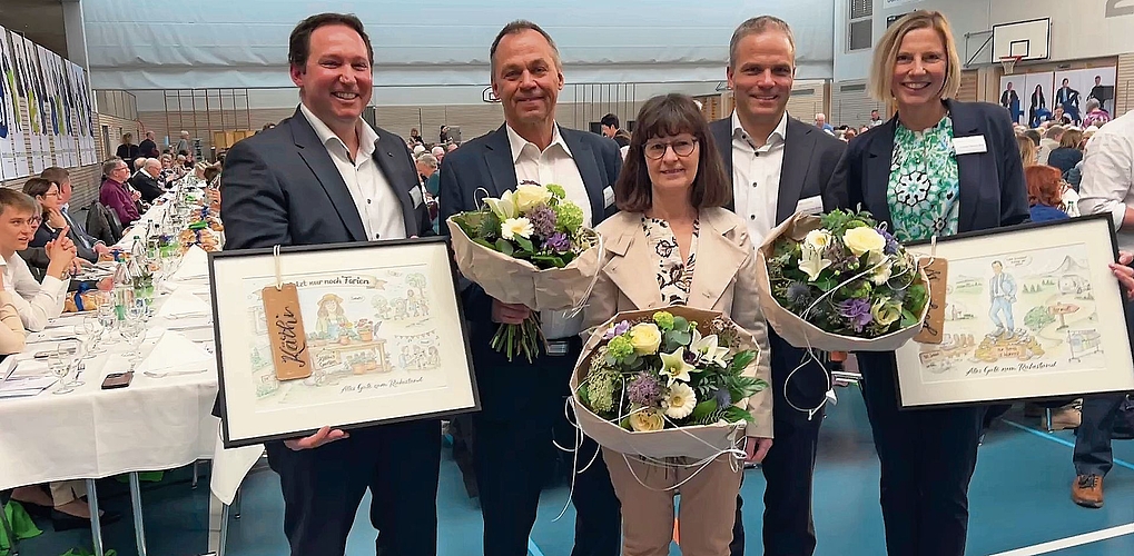 CEO Kevin Rohner, Manfred Mauch (Jubiläum 50 Jahre), Käthi Herzig (Jubiläum 24 Jahre), Pierre-Yves Geiser (Abschied Verwaltungsrat) und VR-Präsidentin Suzanne Marclay-Merz. 