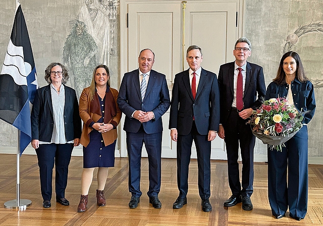 Stand heute sieht die Aargauer Regierung ab 1. Januar 2027 wie folgt aus (von links): Staatsschreiberin Joana Filippi und die Regierungsrätinnen und Regierungsräte Martina Bircher (SVP), Markus Dieth (Die Mitte), Jean-Pierre Gallati (SVP, Dieter Eg