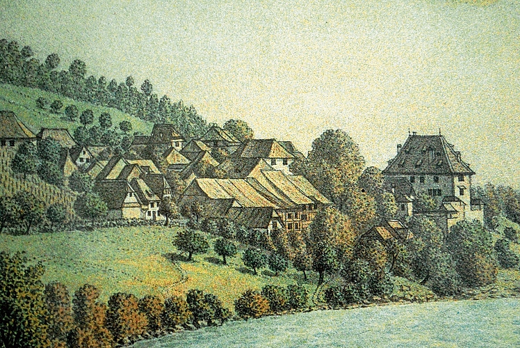 Die eng ineinander geschachtelten Häuser im Dorfzentrum von Biberstein. Ausschnitt aus einem vor 1810 entstandenen kolorierten Stich von Johann Jakob Aschmann.Bilder: zvg Die eng ineinander geschachtelten Häuser im Dorfzentrum von Biberstein. Ausschnitt aus einem vor 1810 entstandenen kolorierten Stich von Johann Jakob Aschmann.Bilder: zvg