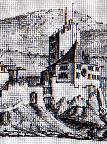 Ausschnitt aus einer Zeichnung von Abraham Dünz, die den Haupttrakt um 1669 detailliert wiedergibt. Sie ist im Format A2 später koloriert worden.Bilder: zvg