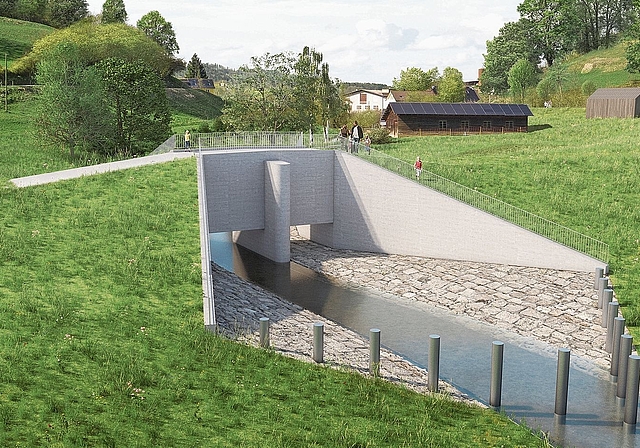 Visualisierung des Erddamms und des Durchflusses in Staffelbach.Visualisierung: ZVG/AG