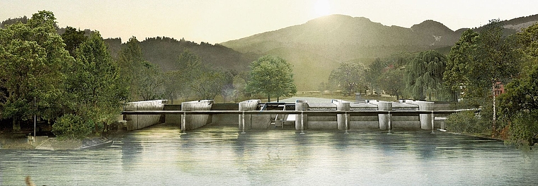 So soll das erneuerte Kraftwerk Aarau mit dem neuen Unterwassersteg dereinst aussehen. Visualisierung: ZVG