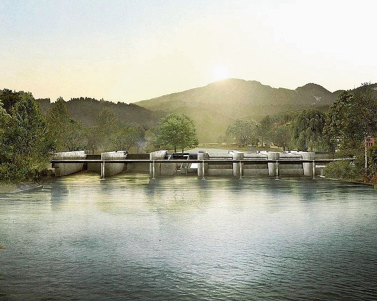 So soll das neue Wasserkraftwerk in Aarau dereinst aussehen: Eine Visualisierung zeigt das von Eniwa geplante Projekt ohne das alte Kraftwerkgebäude und den Mitteldamm.Visualisierung: Eniwa