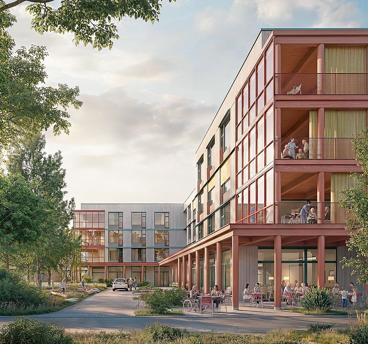 Ein vierstöckiges Gebäude mit Holzfassade: So könnte das neue Alterszentrum Suhrental in Schöftland daherkommen. Visualisierung: zvg