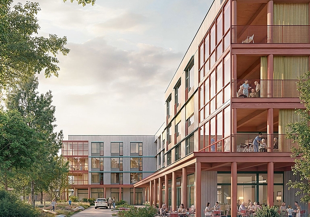 Ein vierstöckiges Gebäude mit Holzfassade: So könnte das neue Alterszentrum Suhrental in Schöftland daherkommen. Visualisierung: zvg