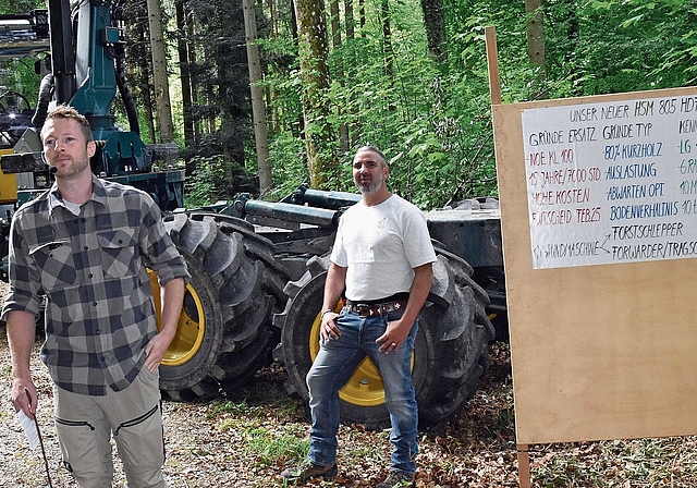 Severin Dommen und Daniel Lüscher präsentieren den neuen Forst- und Tragschlepper. 