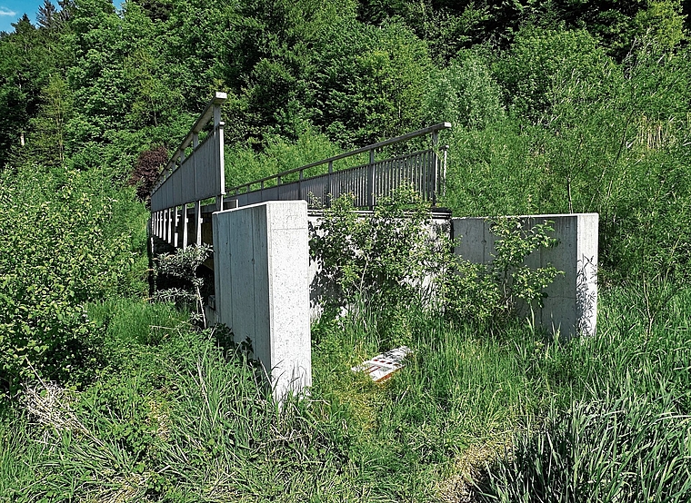 Die ehemalige Suhrebrücke steht in Uerkheim bereits an ihrem künftigen Standort über der Uerke. Wenn die Fuss- und Velowege im Rahmen des Hochwasserschutzprojekts realisiert sind, wird sie genutzt werden können.Bild: RAN