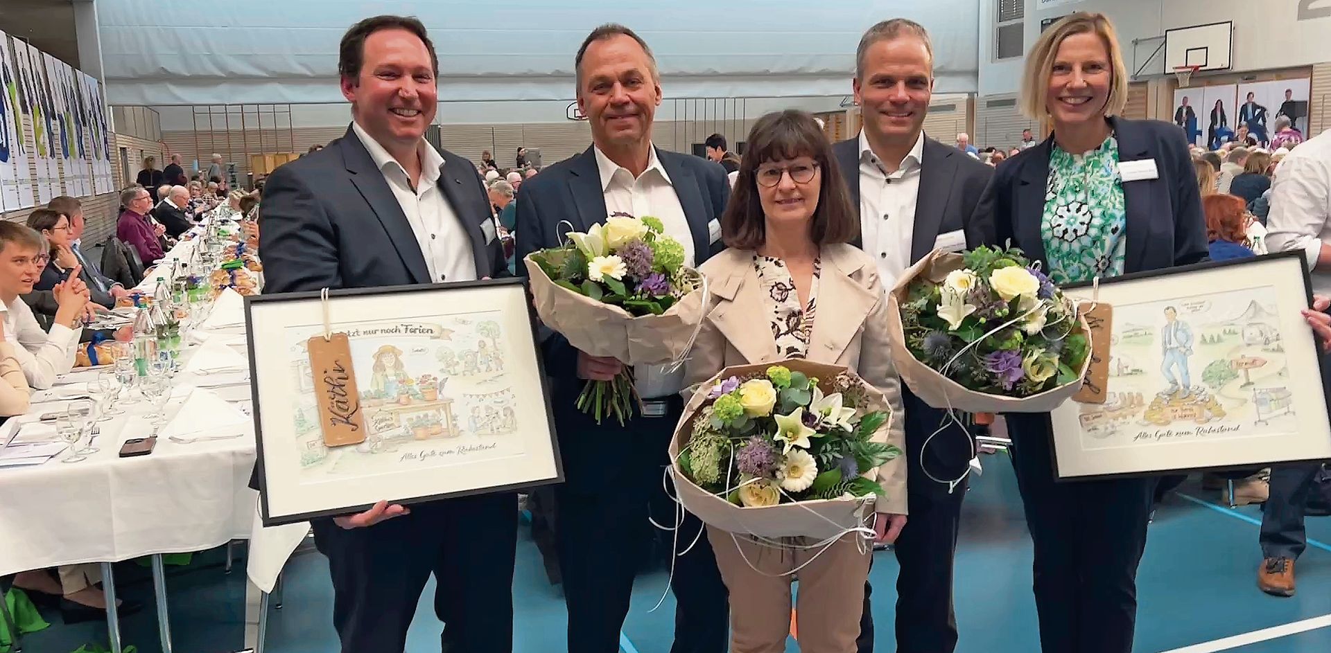 CEO Kevin Rohner, Manfred Mauch (Jubiläum 50 Jahre), Käthi Herzig (Jubiläum 24 Jahre), Pierre-Yves Geiser (Abschied Verwaltungsrat) und VR-Präsidentin Suzanne Marclay-Merz. 
