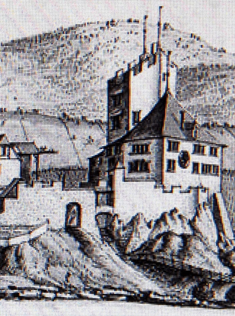 Ausschnitt aus einer Zeichnung von Abraham Dünz, die den Haupttrakt um 1669 detailliert wiedergibt. Sie ist im Format A2 später koloriert worden.Bilder: zvg