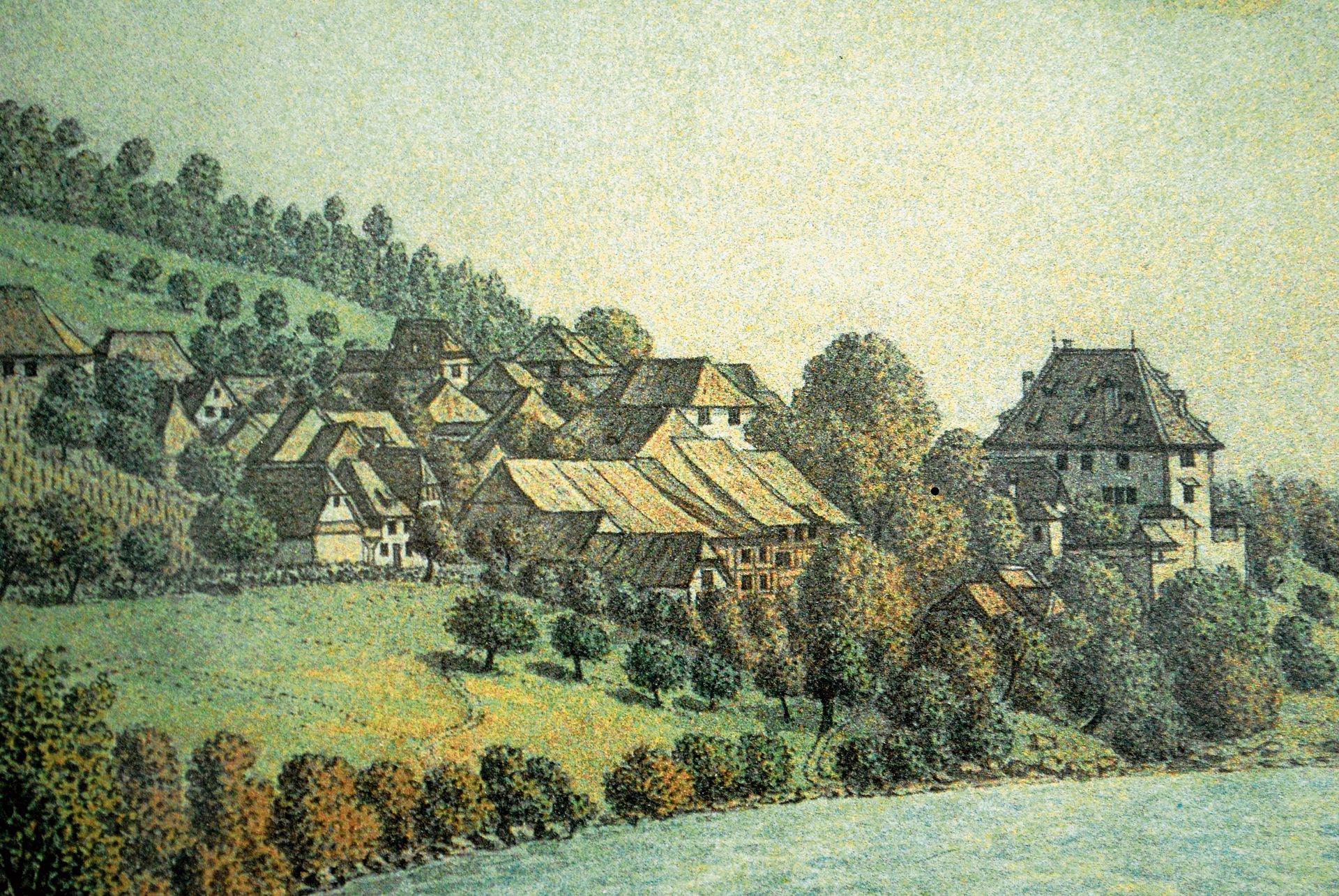 Die eng ineinander geschachtelten Häuser im Dorfzentrum von Biberstein. Ausschnitt aus einem vor 1810 entstandenen kolorierten Stich von Johann Jakob Aschmann.Bilder: zvg Die eng ineinander geschachtelten Häuser im Dorfzentrum von Biberstein. Ausschnitt aus einem vor 1810 entstandenen kolorierten Stich von Johann Jakob Aschmann.Bilder: zvg