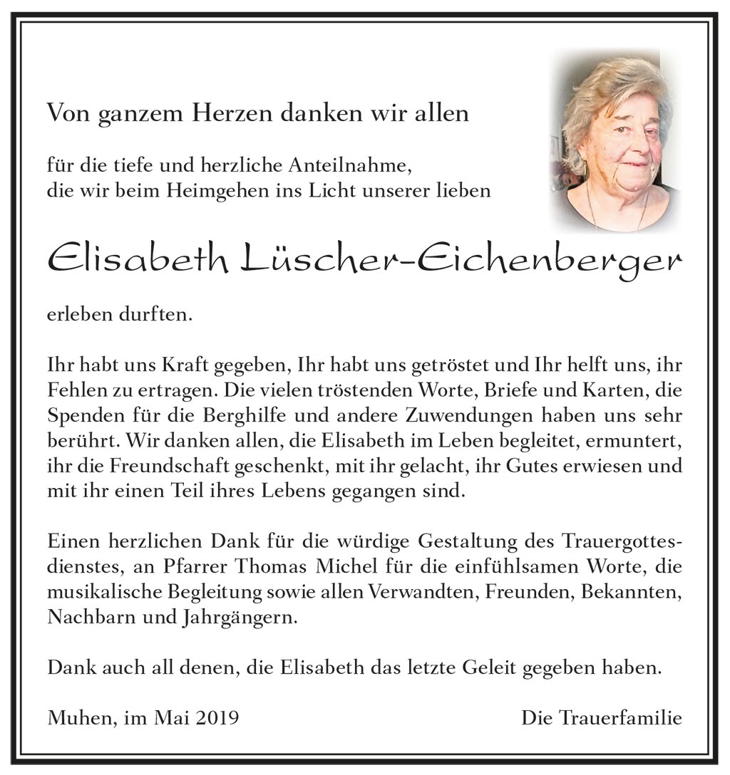 Elisabeth Lüscher-Eichenberger Danksagung | Der Landanzeiger