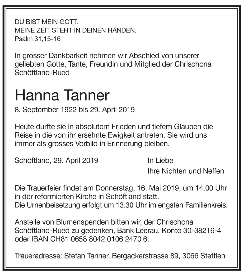 Hanna Tanner 1922 Todesanzeige | Der Landanzeiger