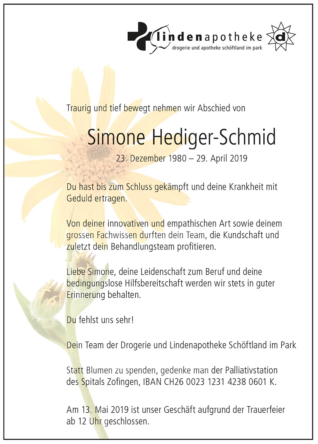 Simone Hediger-Schmid 1980 Todesanzeige Lindenapotheke Team | Der Landanzeiger