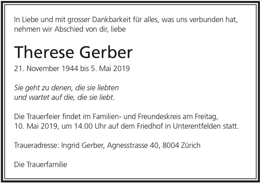 Therese Gerber 1944 Todesanzeige | Der Landanzeiger