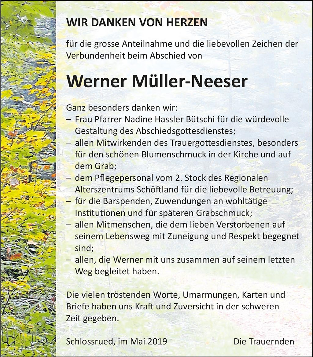 Werner Müller-Neser Danksagung | Der Landanzeiger