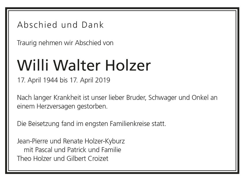 Willi Walter Holzer 1944 Todesanzeige | Der Landanzeiger