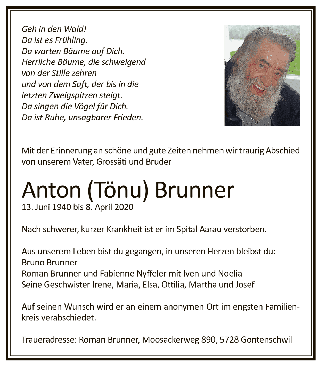 Todesanzeige Anton (Tönu) Brunner 1940 | Der Landanzeiger