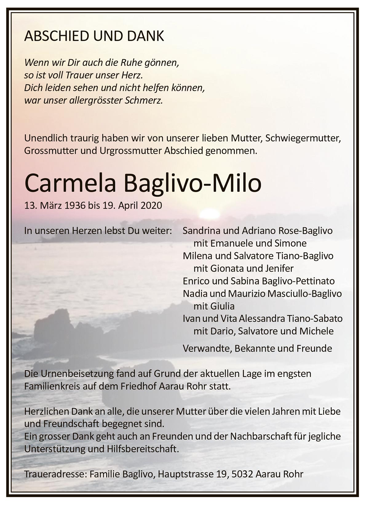 Todesanzeige Carmela Baglivo-Milo 1936 | Der Landanzeiger