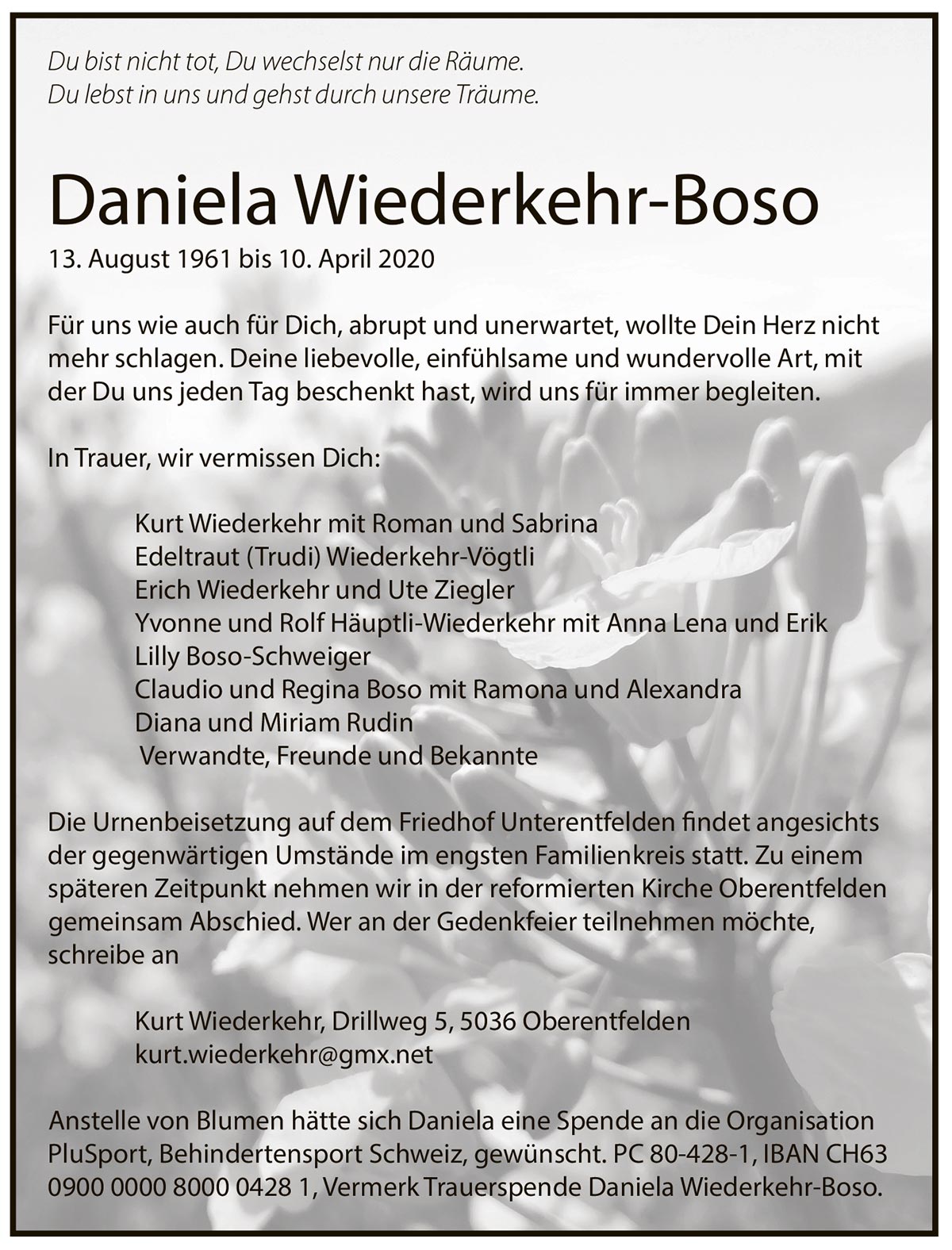 Todesanzeige Daniela Wiederkehr-Boso 1961 | Der Landanzeiger
