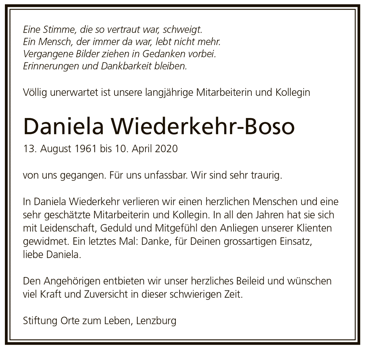 Todesanzeige Daniela Wiederkehr-Boso 1961 | Der Landanzeiger