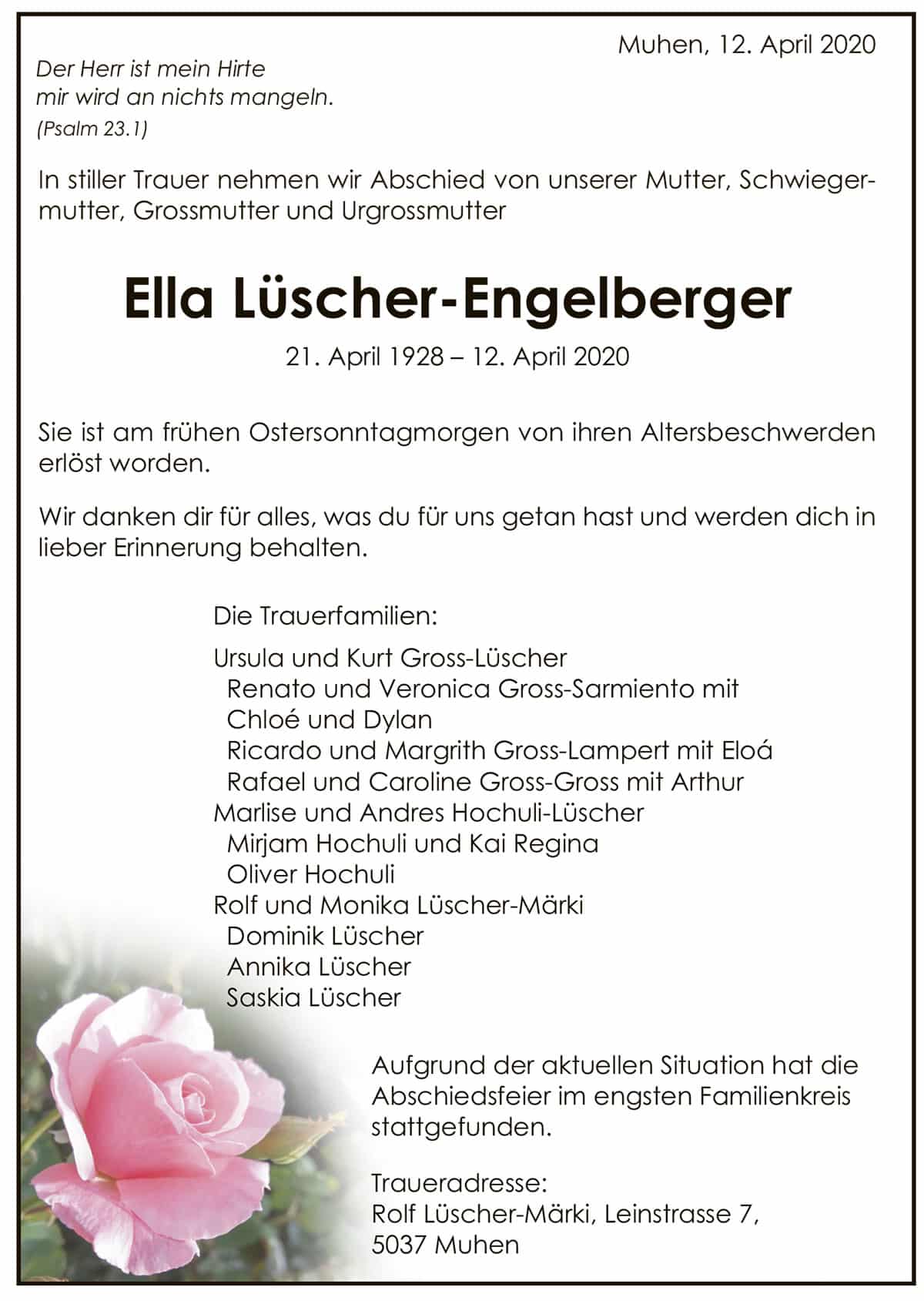 Todesanzeige Ella Lüscher-Engelberger 1928 | Der Landanzeiger