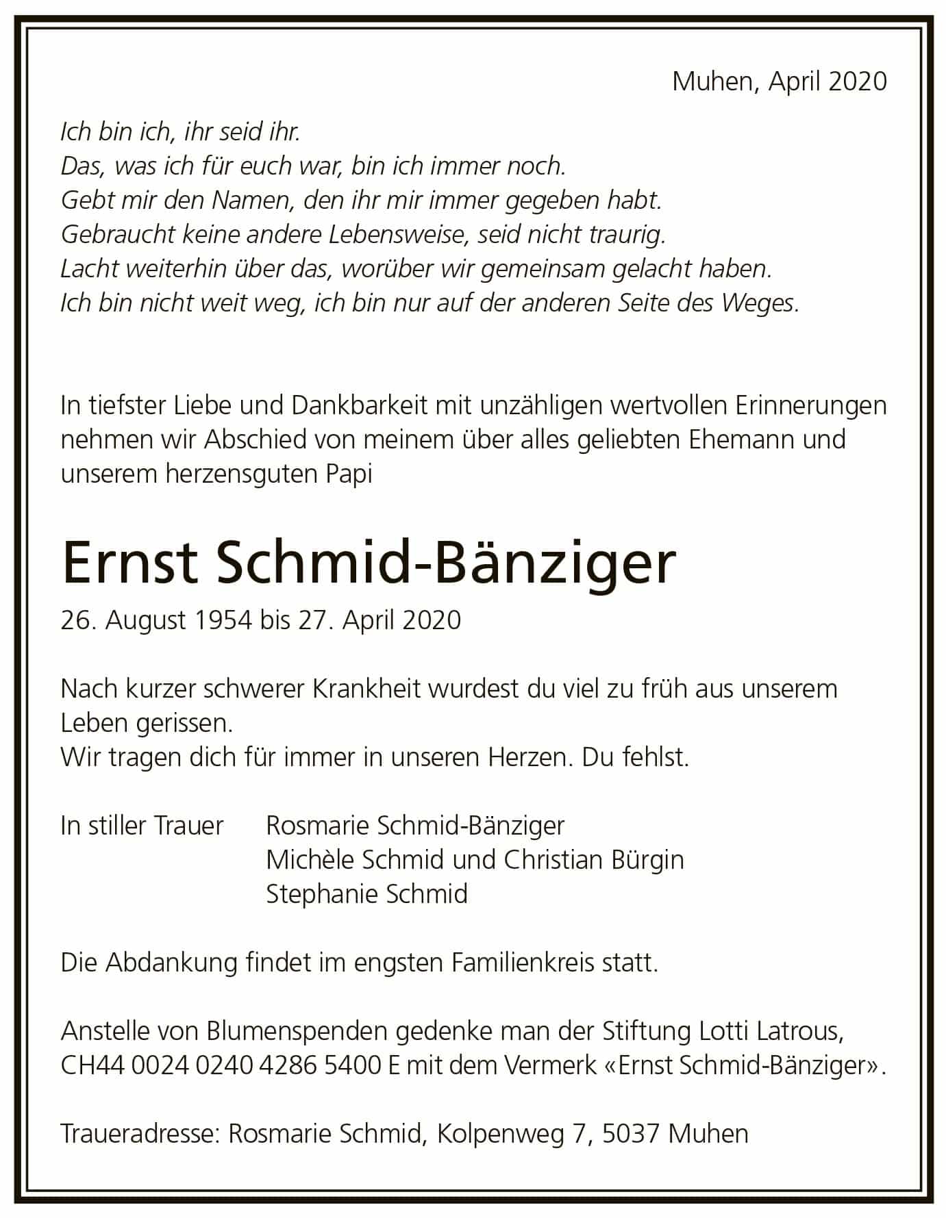 Todesanzeige Ernst Schmid-Bänziger 1954 | Der Landanzeiger