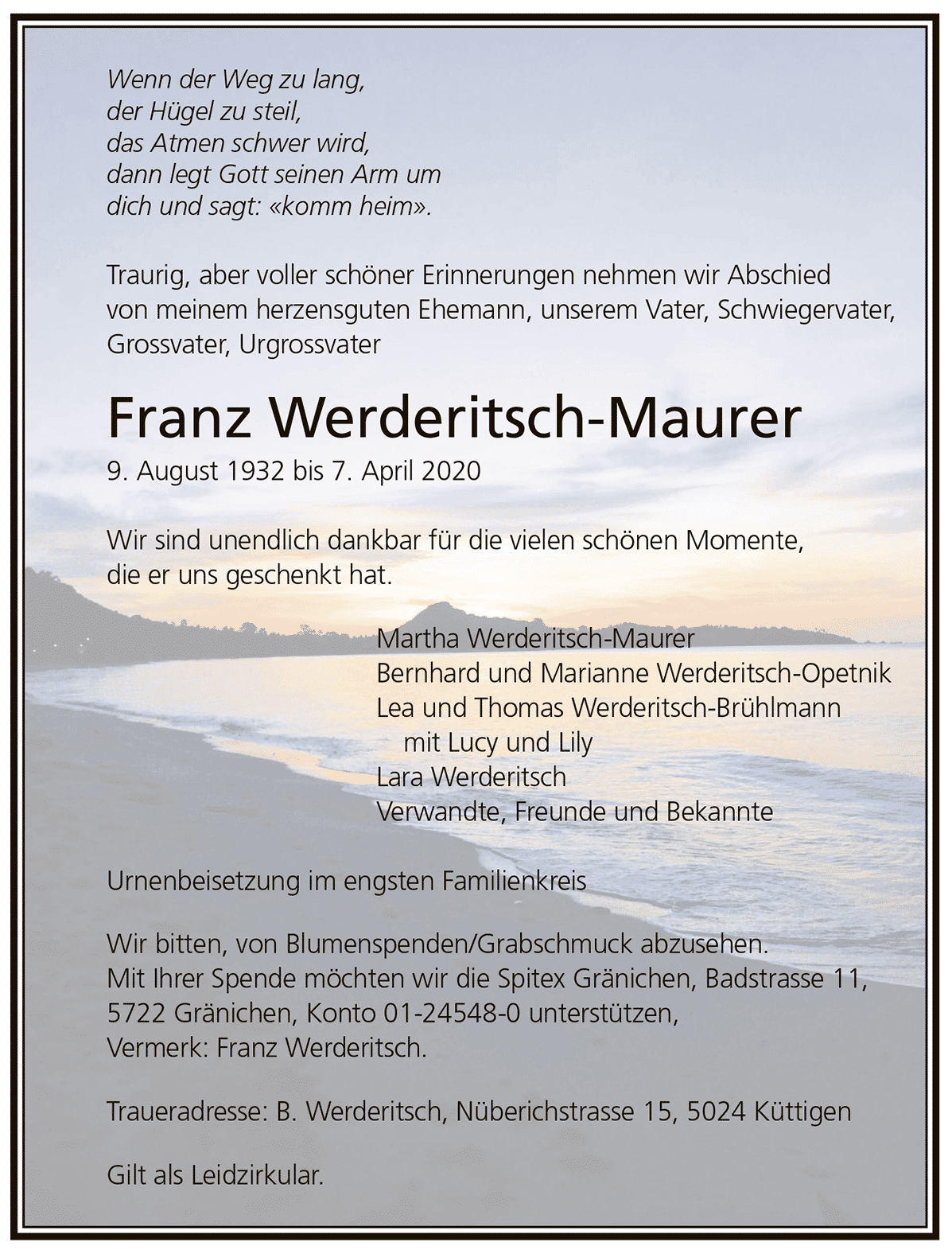 Todesanzeige Franz Werderitsch-Maurer | Der Landanzeiger