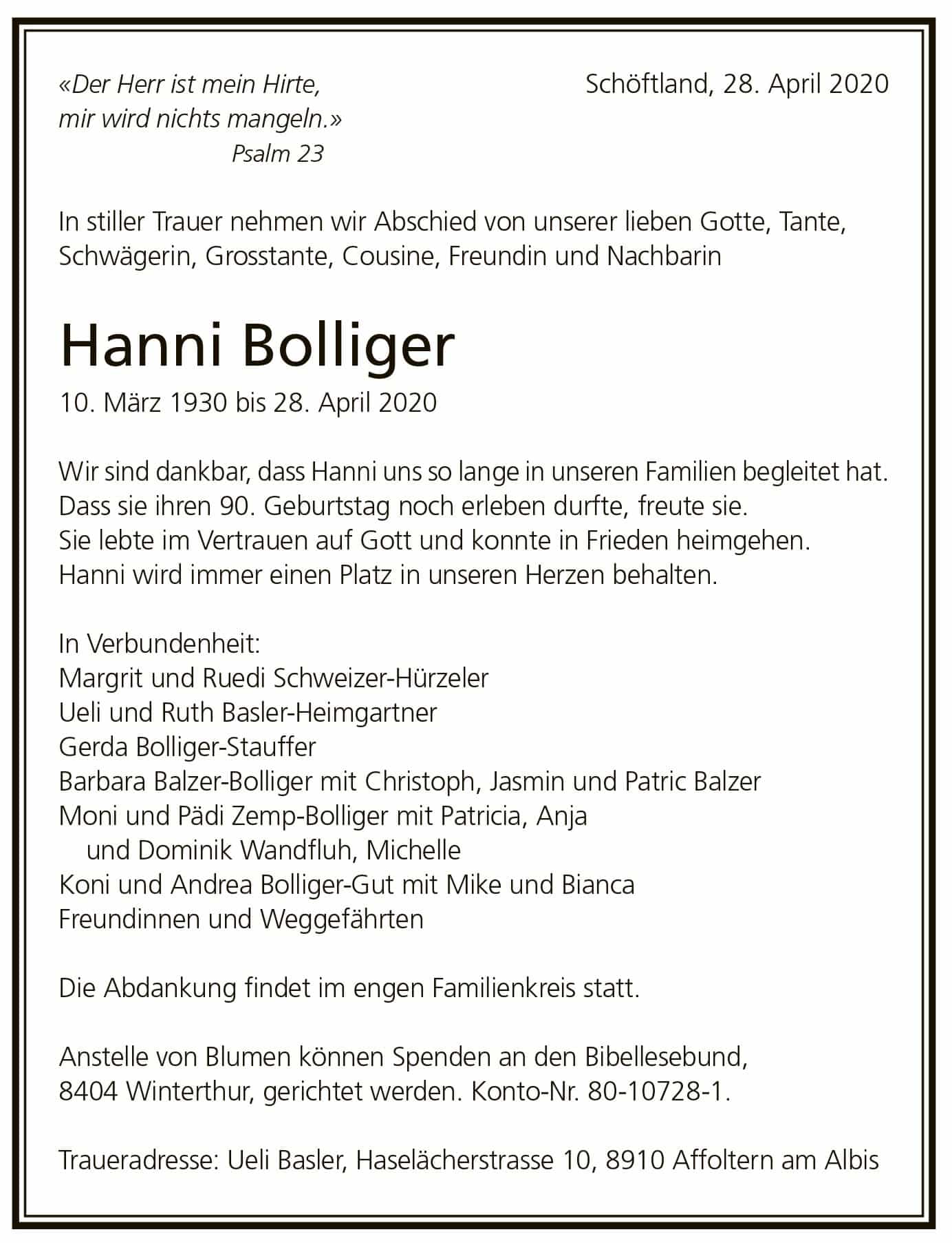 Todesanzeige Hanni Bolliger 1930 | Der Landanzeiger