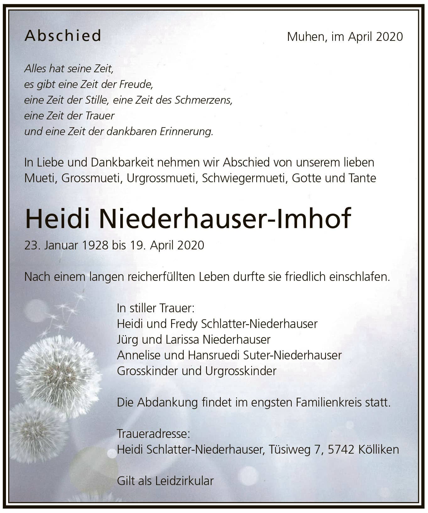 Todesanzeige Heidi Niederhauser-Imhof 1928 | Der Landanzeiger