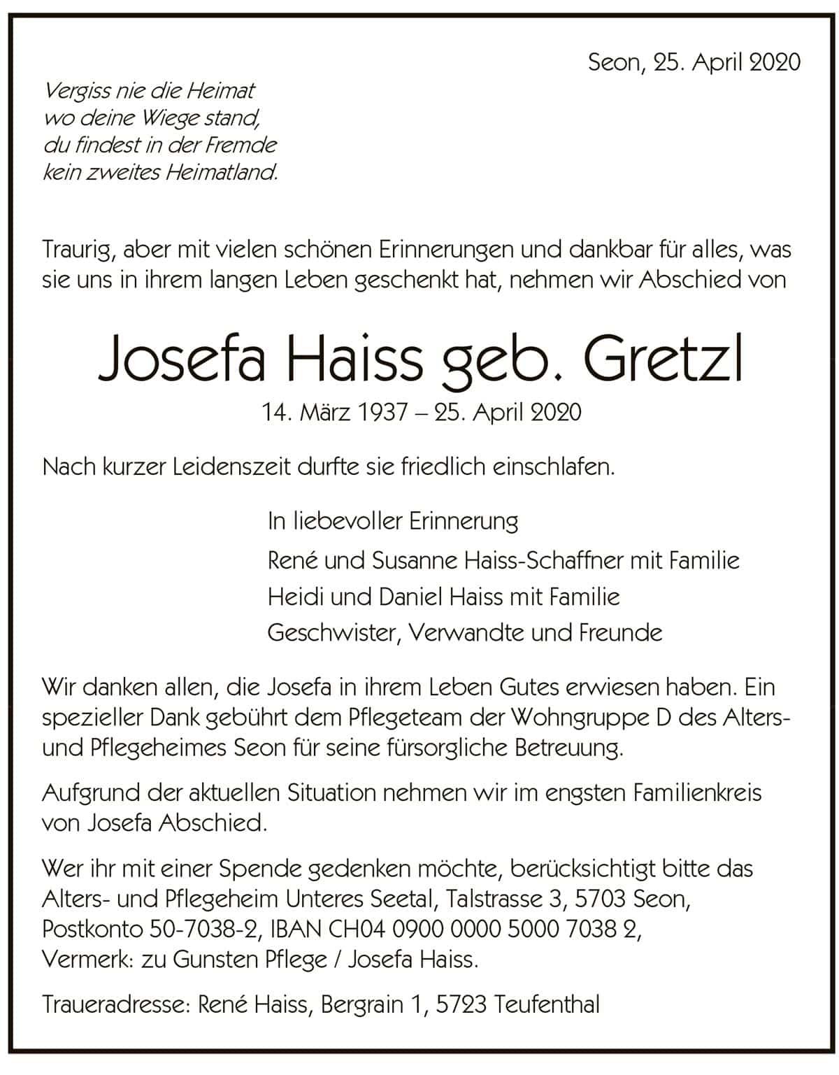 Todesanzeige Josefa Haiss geb. Gretzl 1937 | Der Landanzeiger