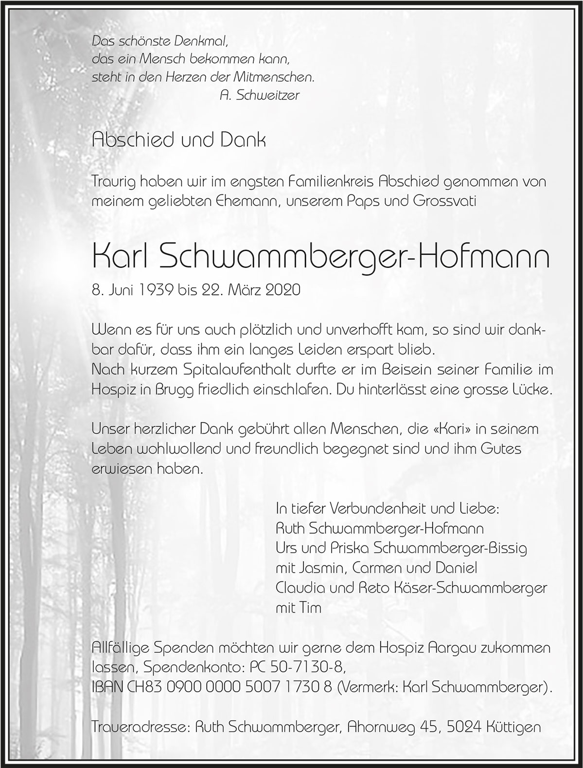 Todesanzeige Karl Schwammberner-Hofmann 1939 | Der Landanzeiger