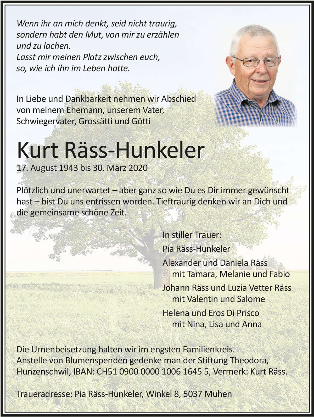Todesanzeige Kurt Räss-Hunkeler 1943 | Der Landanzeiger
