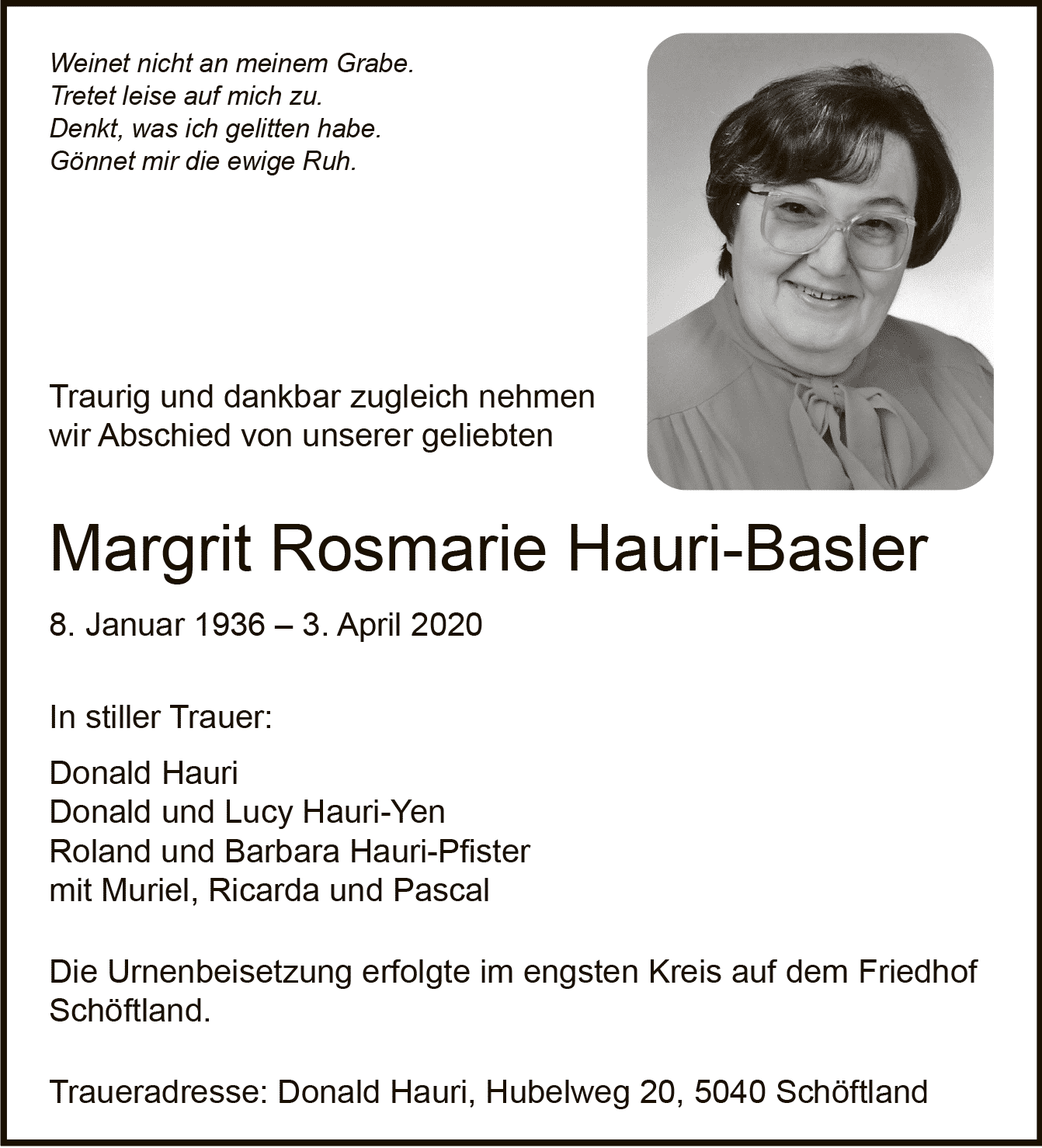 Todesanzeige Margrit Rosmarie Hauri-Basler 1936 | Der Landanzeiger