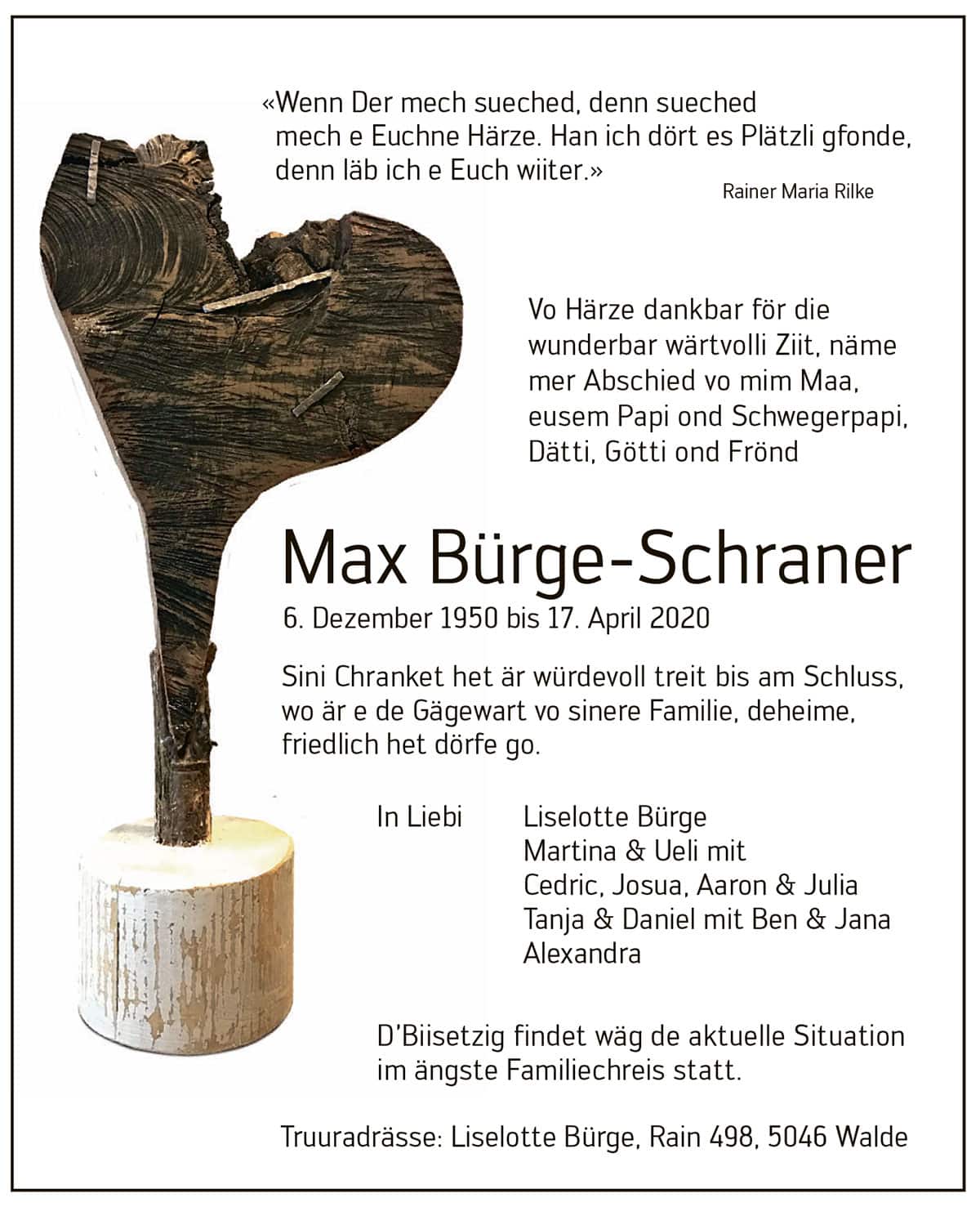Todesanzeige Max Bürge-Schraner 1950 | Der Landanzeiger