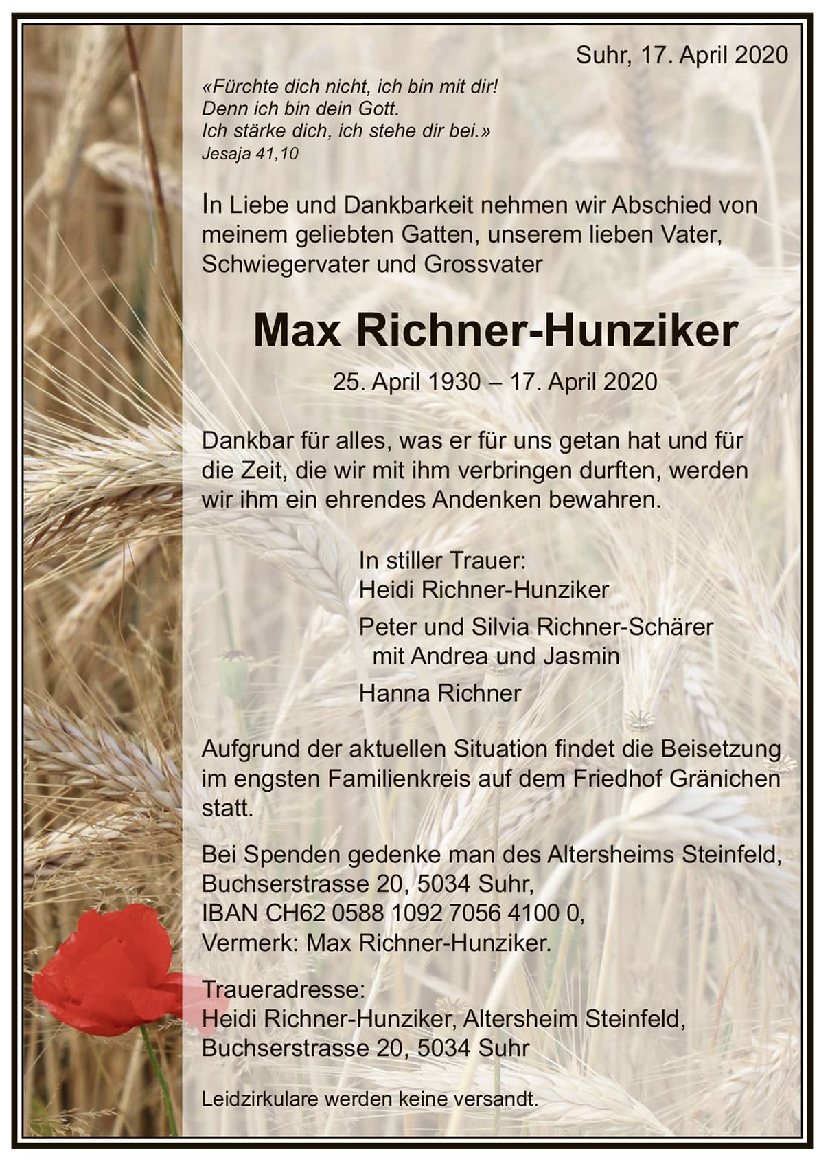 Todesanzeige Max Richner-Hunziker 1930 | Der Landanzeiger