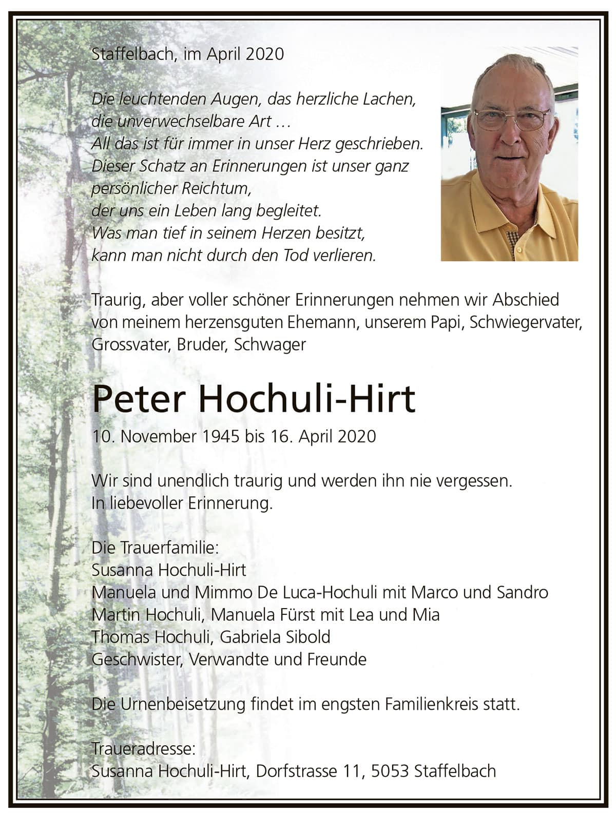 Todesanzeige Peter Hochuli-Hirt 1945 | Der Landanzeiger