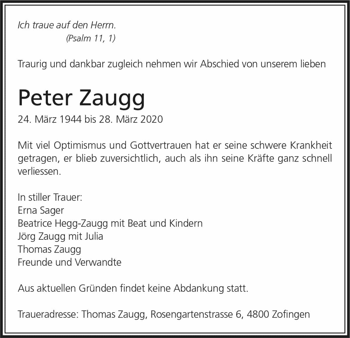 Todesanzeige Peter Zaugg 1944 | Der Landanzeiger