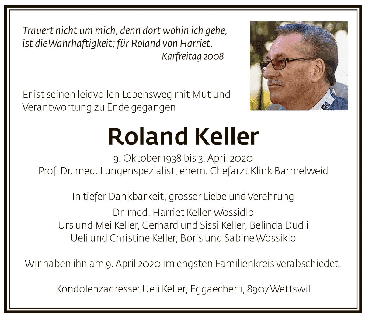 Todesanzeige Roland Keller 1938 | Der Landanzeiger