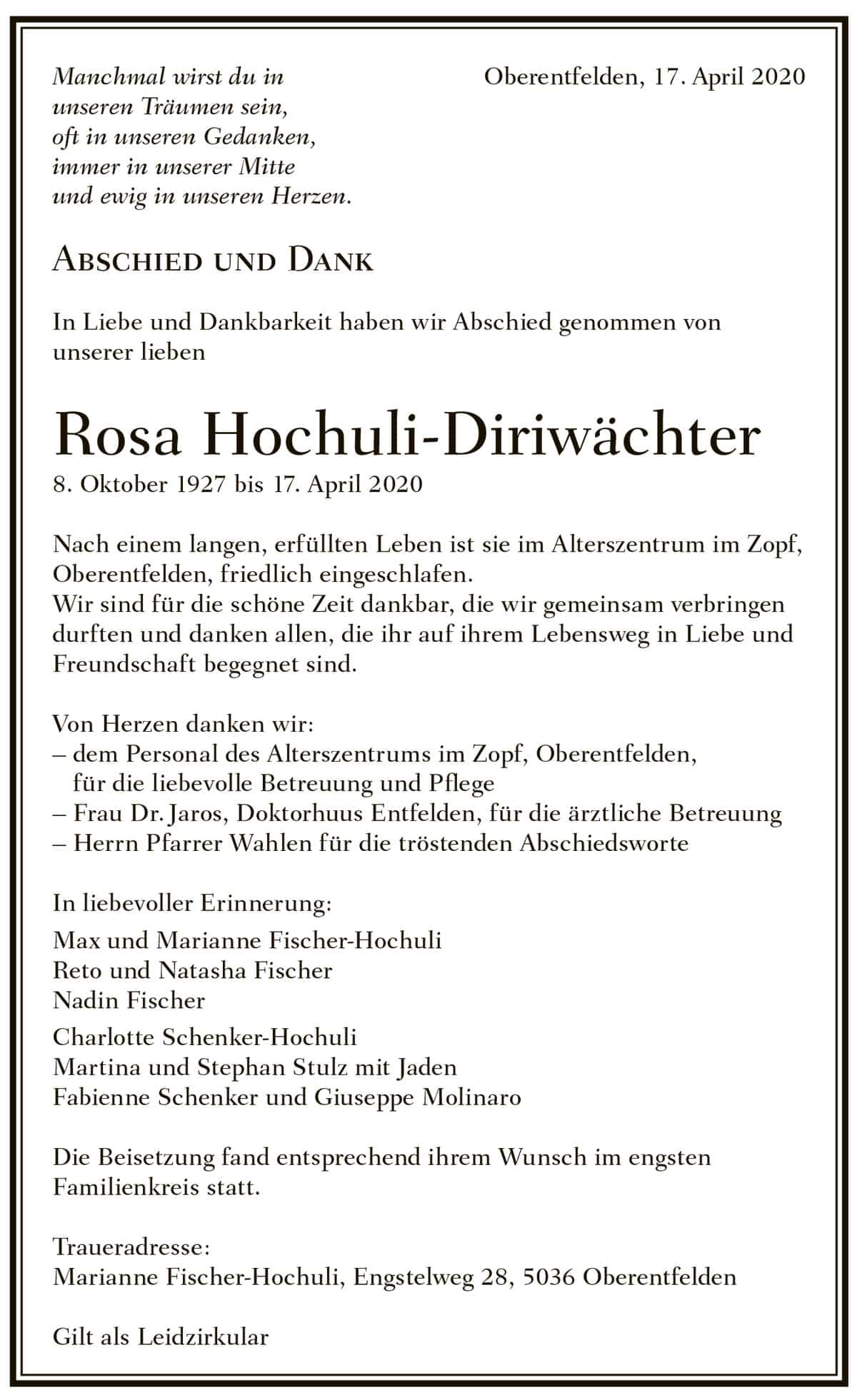 Todesanzeige Rosa Hochuli-Diriwächter 1927 | Der Landanzeiger