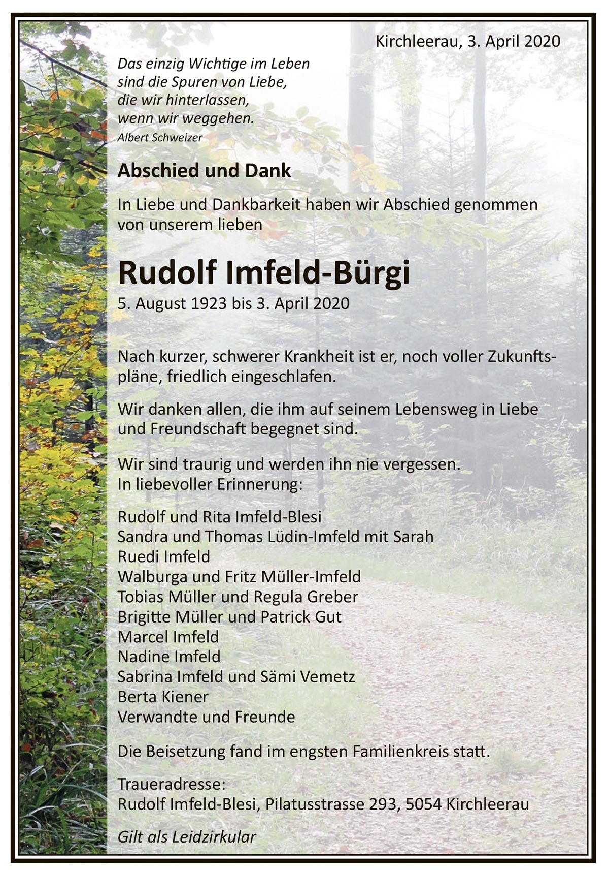 Todesanzeige Rudolf Imfeld-Bürgi 1923 | Der Landanzeiger