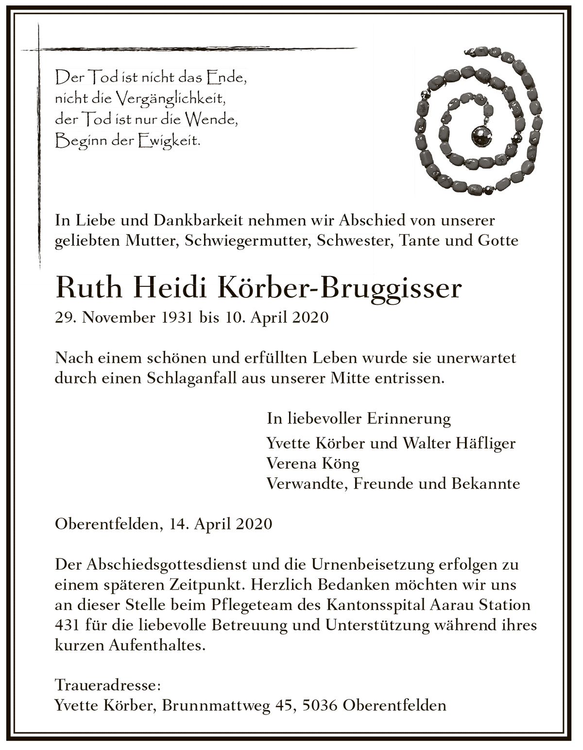 Todesanzeige Ruth Heidi Körber-Bruggisser 1931 | Der Landanzeiger