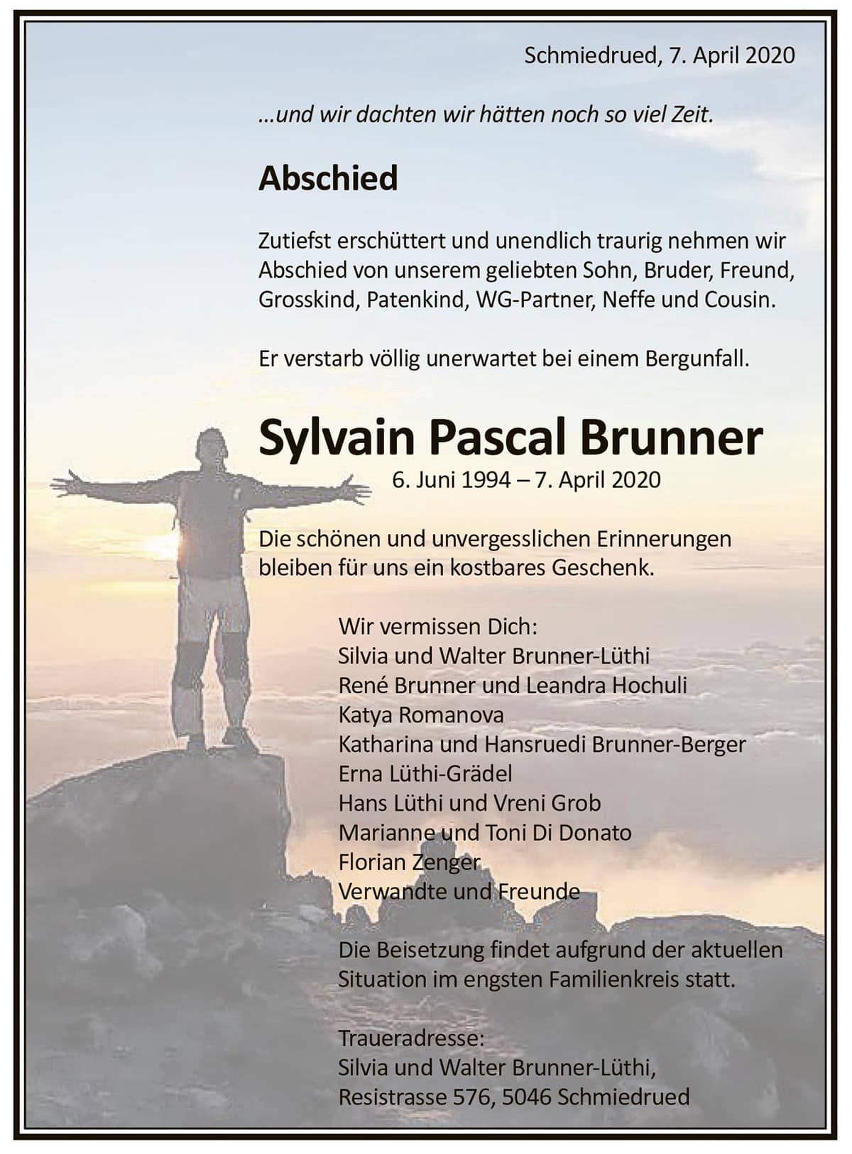 Todesanzeige Sylvain Pascal Brunner 1994 | Der Landanzeiger