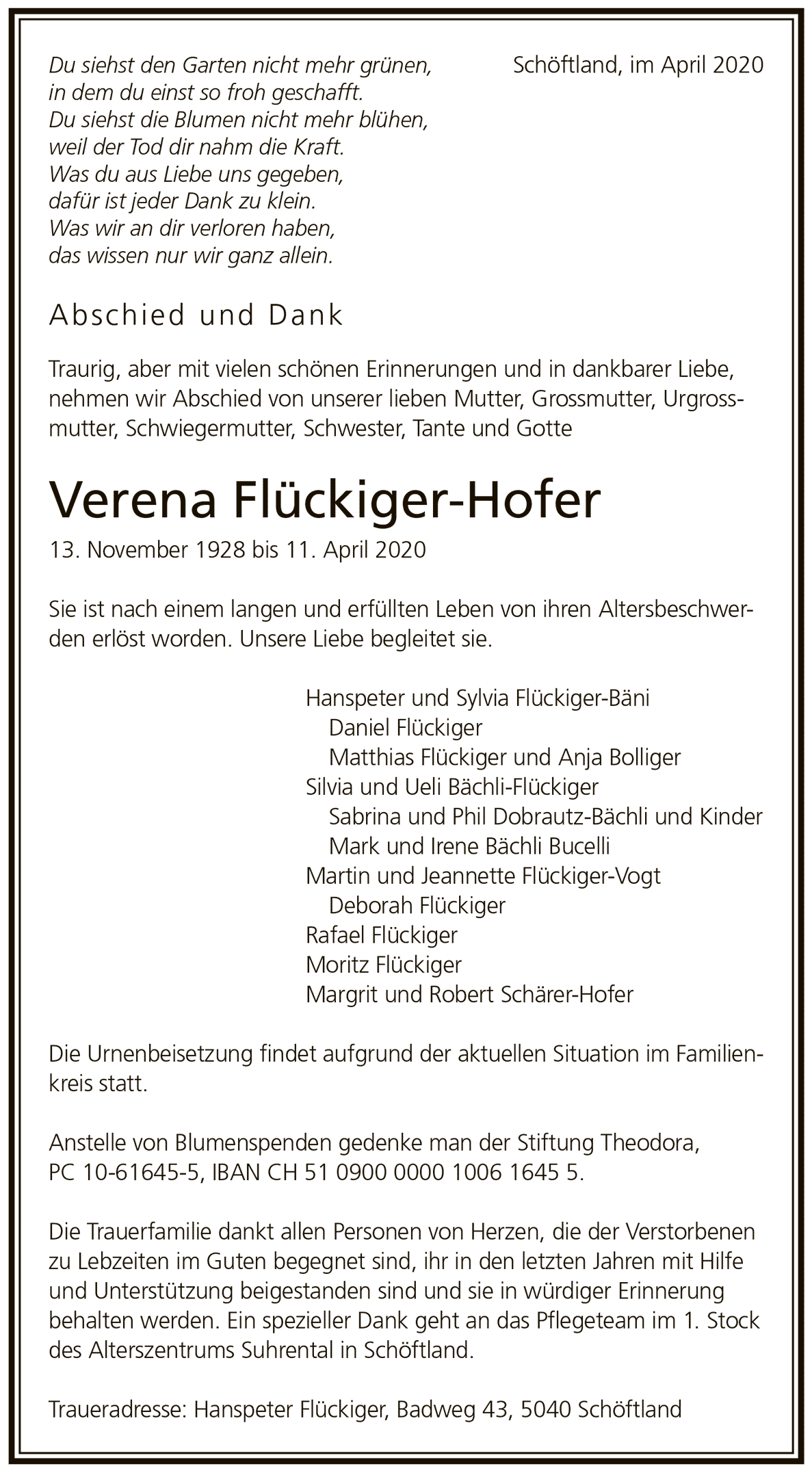 Todesanzeige Verena Flückiger-Hofer 1928 | Der Landanzeiger