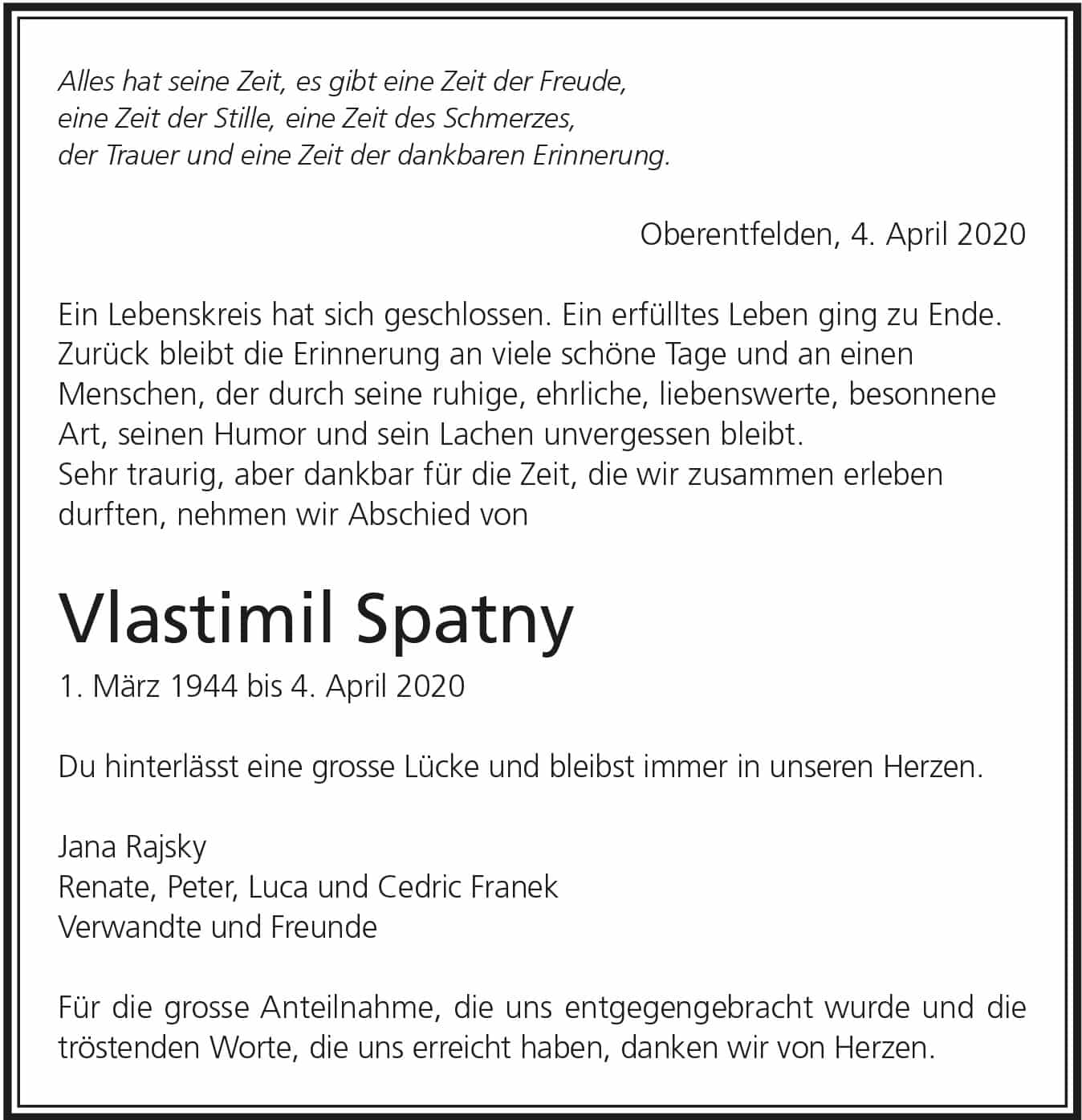 Todesanzeige Vlastimil Spatny 1944 | Der Landanzeiger
