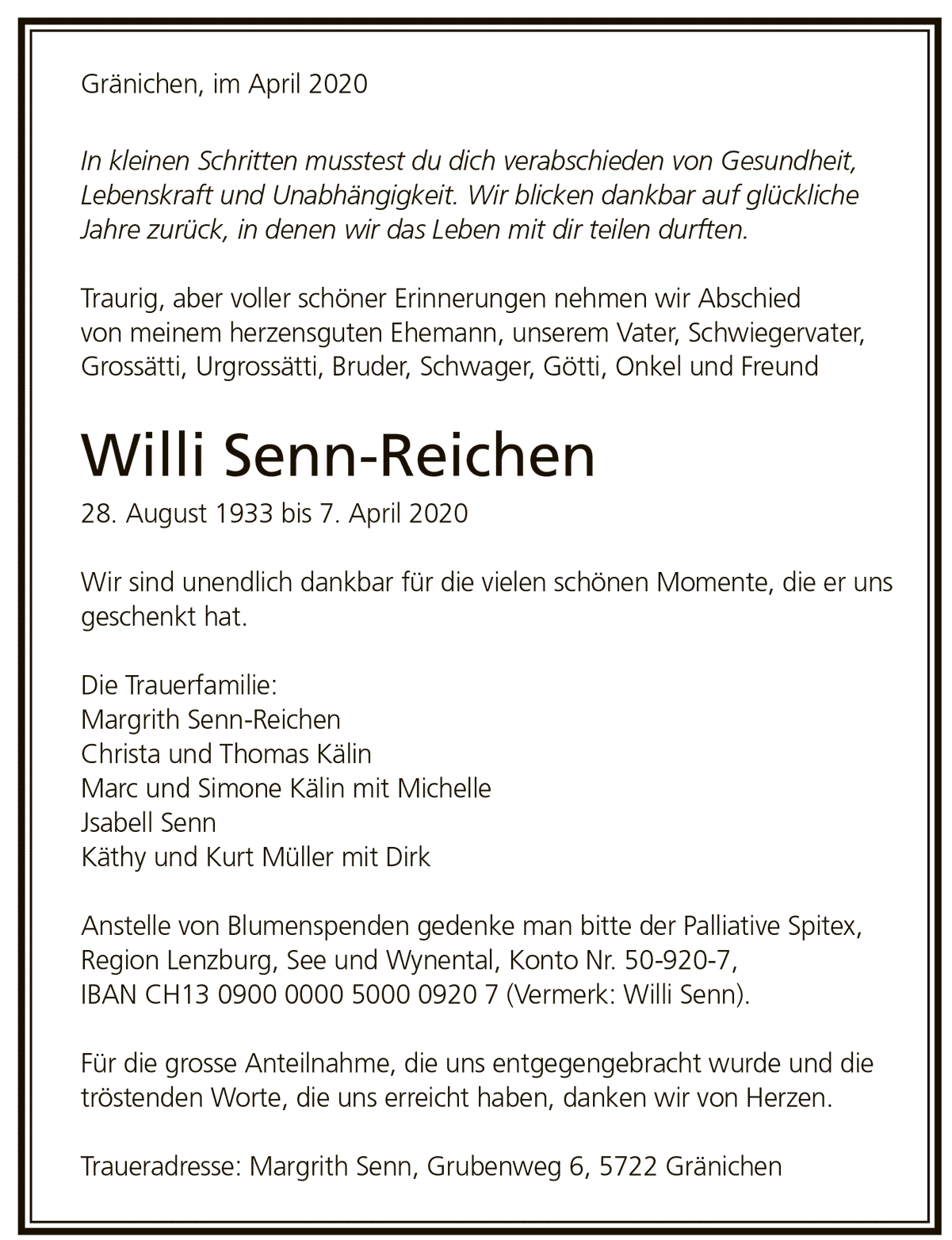 Todesanzeige Willi Senn-Reichen 1933 | Der Landanzeiger