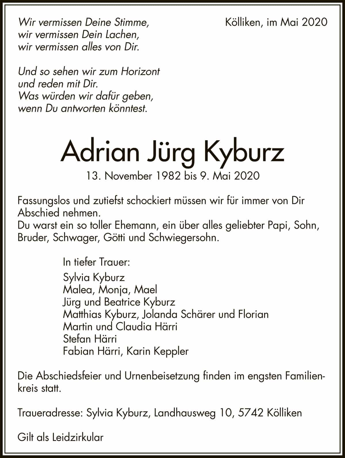 Todesanzeige Adrian Jürg Kyburz 1982 | Der Landanzeiger