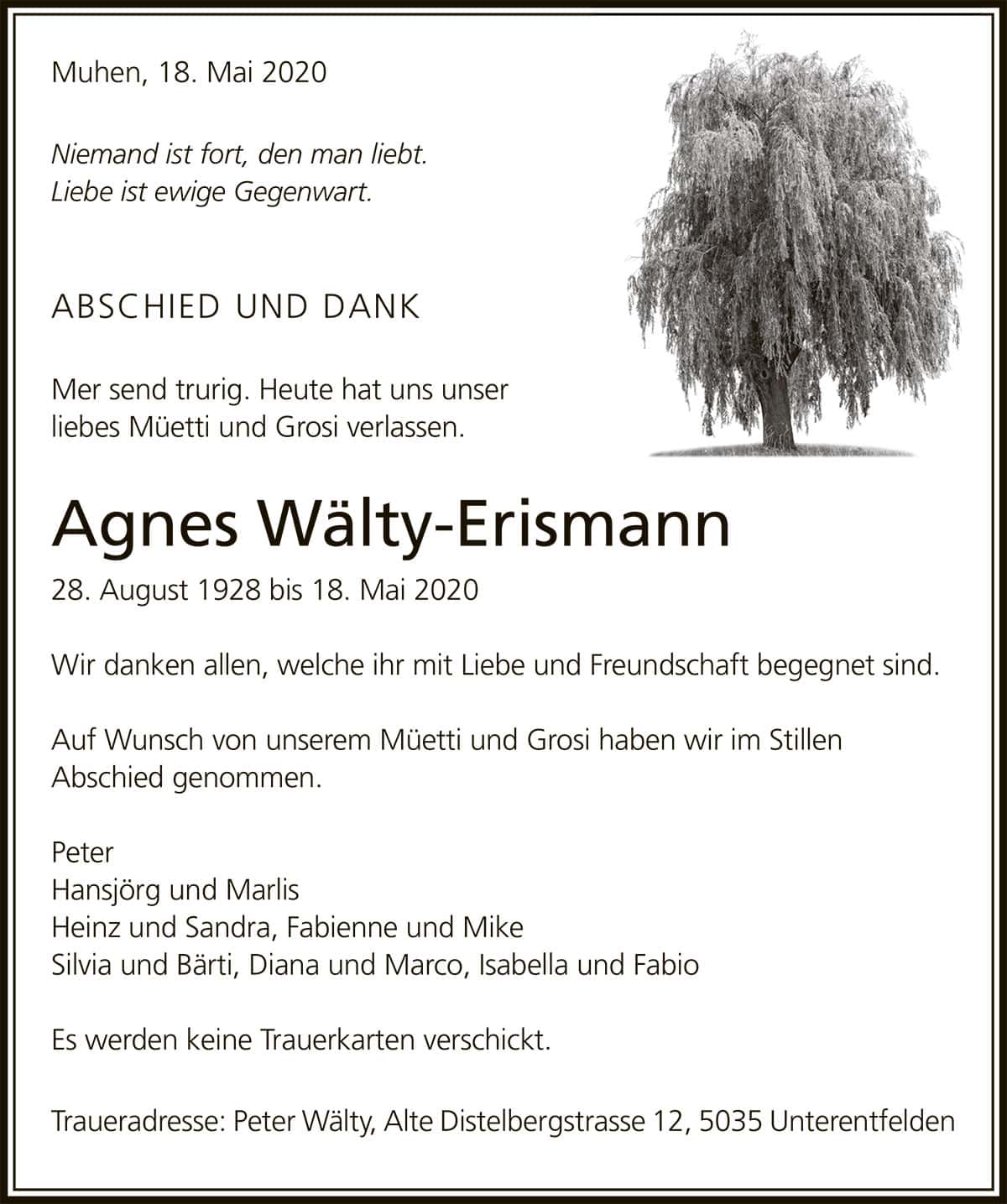 Todesanzeige Agnes Wälty-Erismann 1928 | Der Landanzeiger
