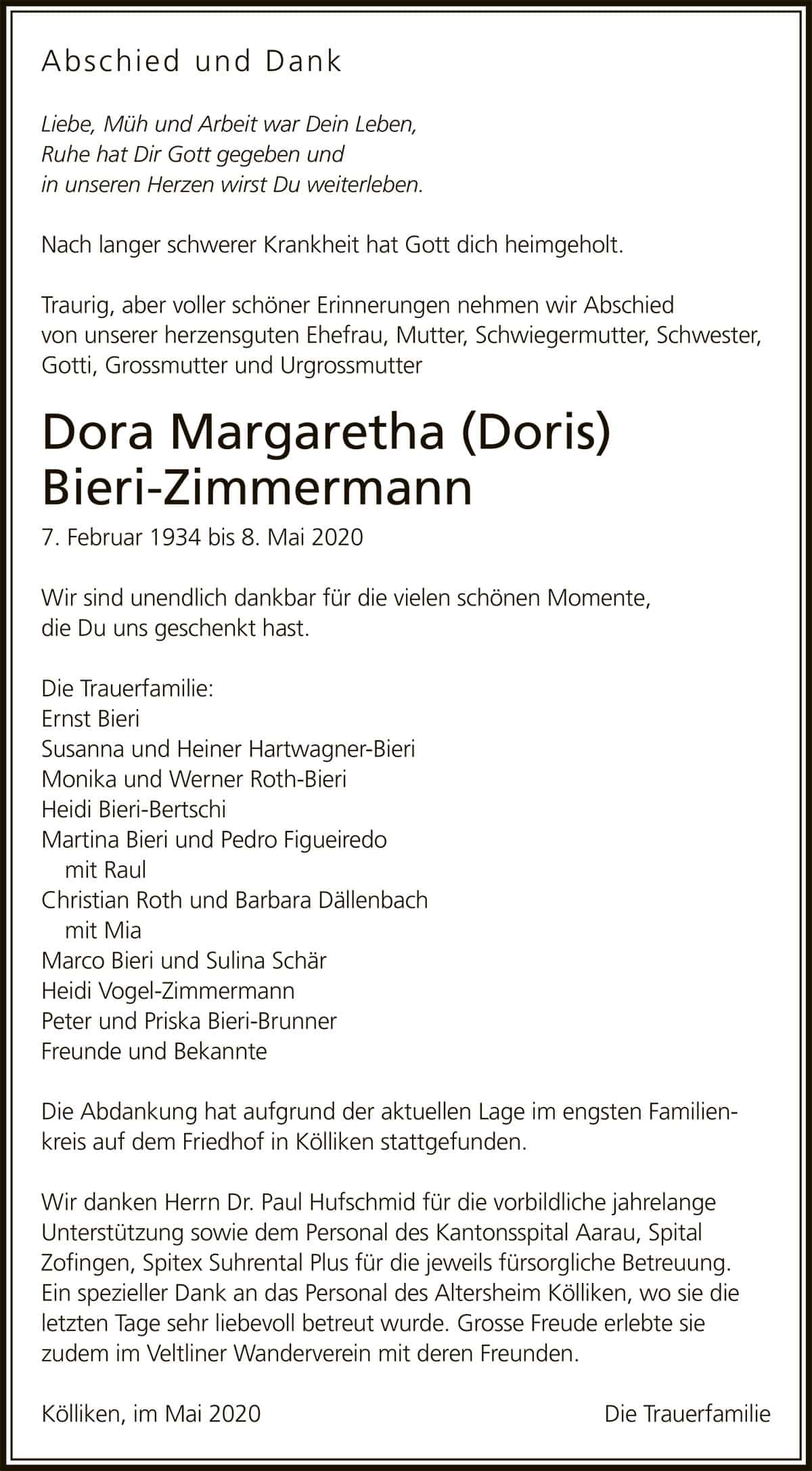 Todesanzeige Dora Margaretha Bieri-Zimmermann 1934 | Der Landanzeiger