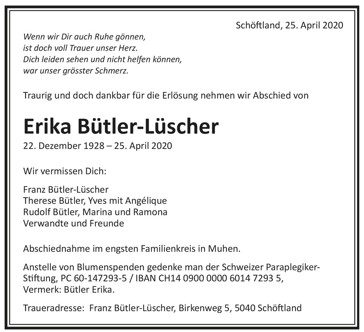 Todesanzeige Erika Bühler-Lüscher 1928 | Der Landanzeiger