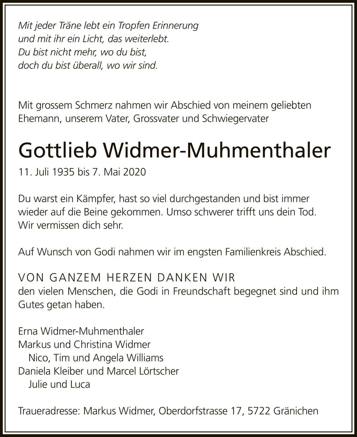 Todesanzeige Gottlieb Widmer-Muhmenthaler 1935 | Der Landanzeiger